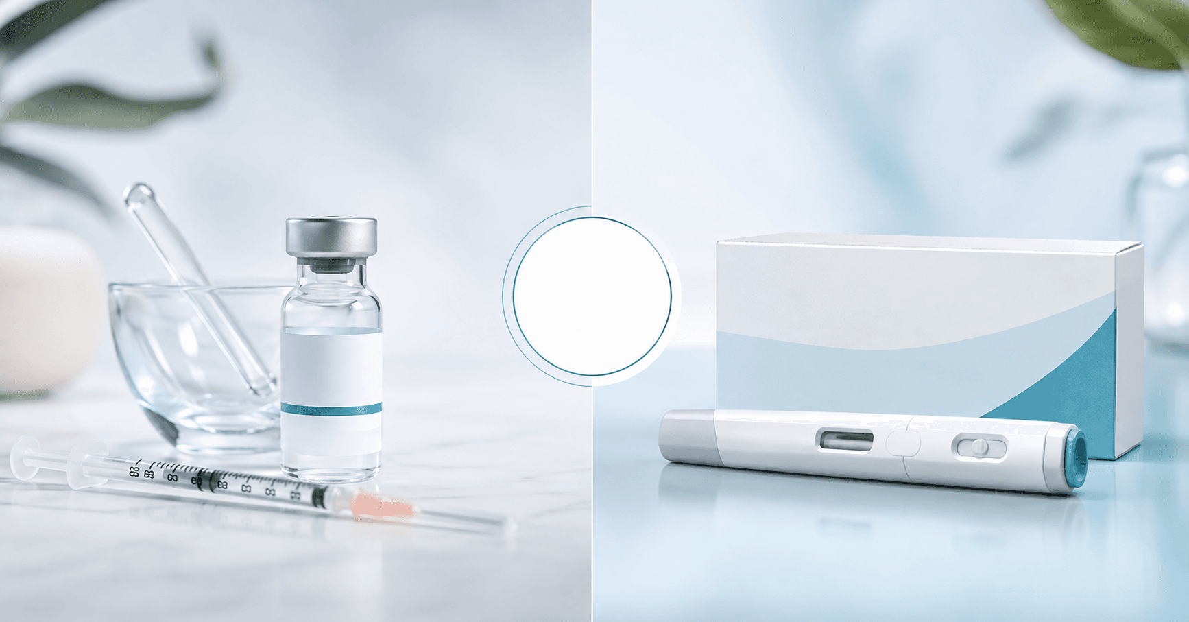 Split illustration comparing compounded GLP-1 supplies with brand-name auto-injector packaging