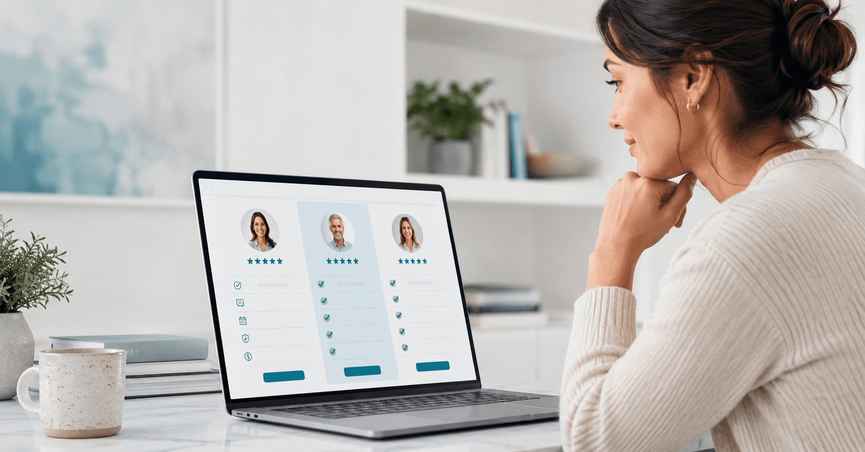 Person reviewing online GLP-1 provider options on a laptop with medication supplies nearby