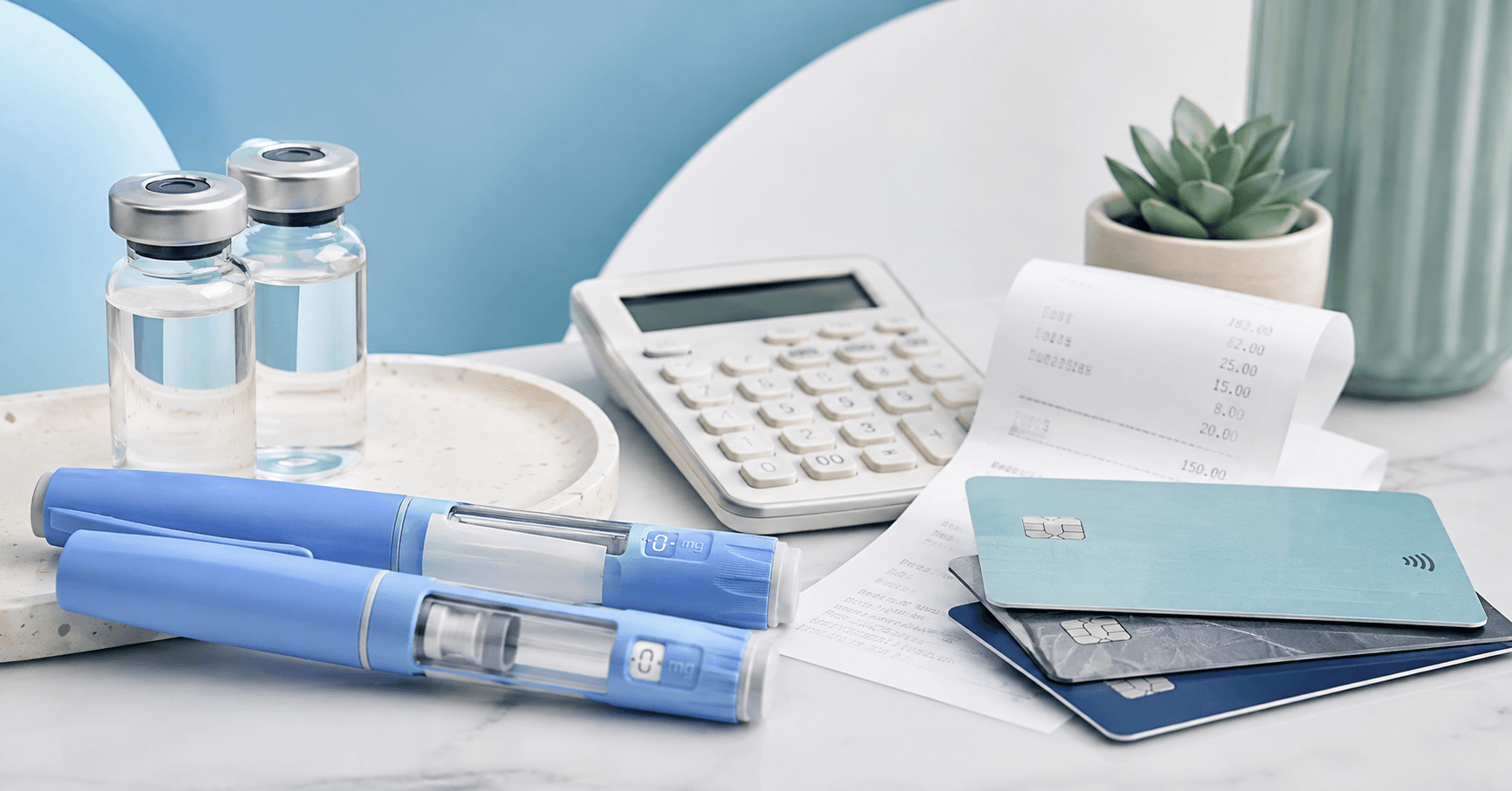 GLP-1 medication pens with a calculator, receipt, and credit cards illustrating treatment costs