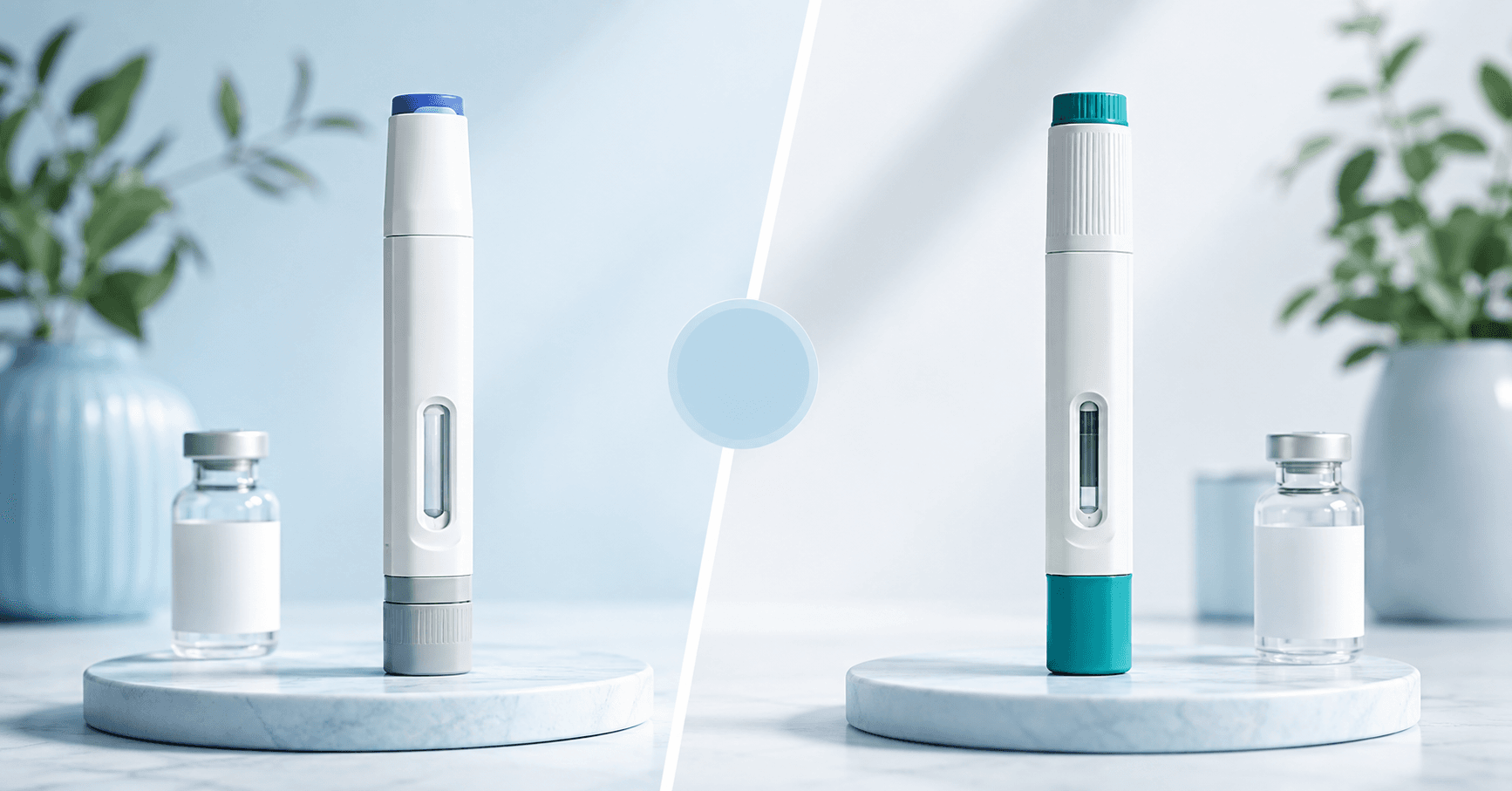 Semaglutide and tirzepatide injection pens side by side on a kitchen counter