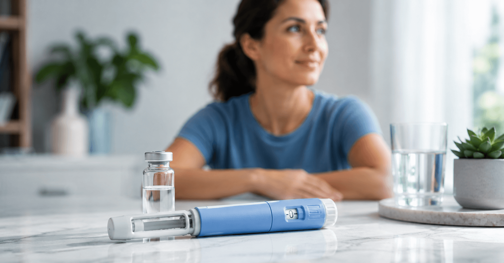 Semaglutide injection pen and medication vial on a kitchen counter