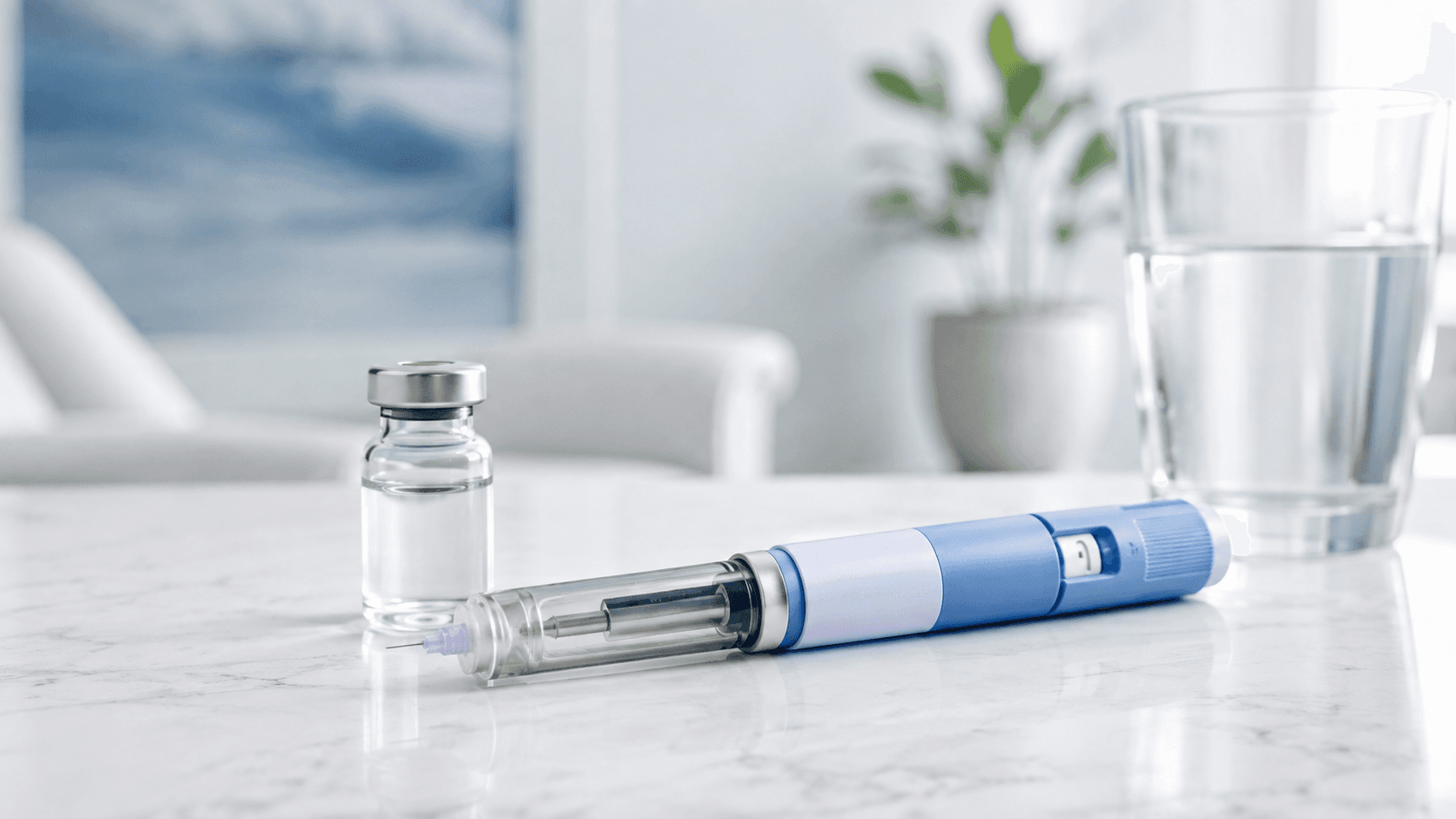 Tirzepatide injection pen and medication vial on a kitchen counter