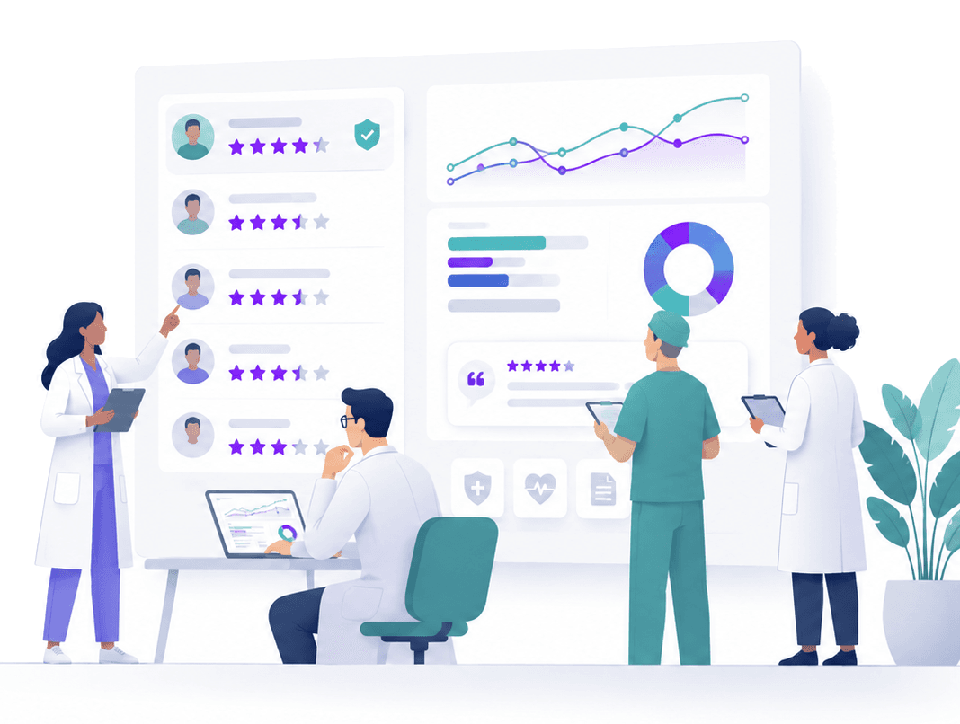 Healthcare professionals reviewing patient data and telehealth provider comparisons on a digital dashboard